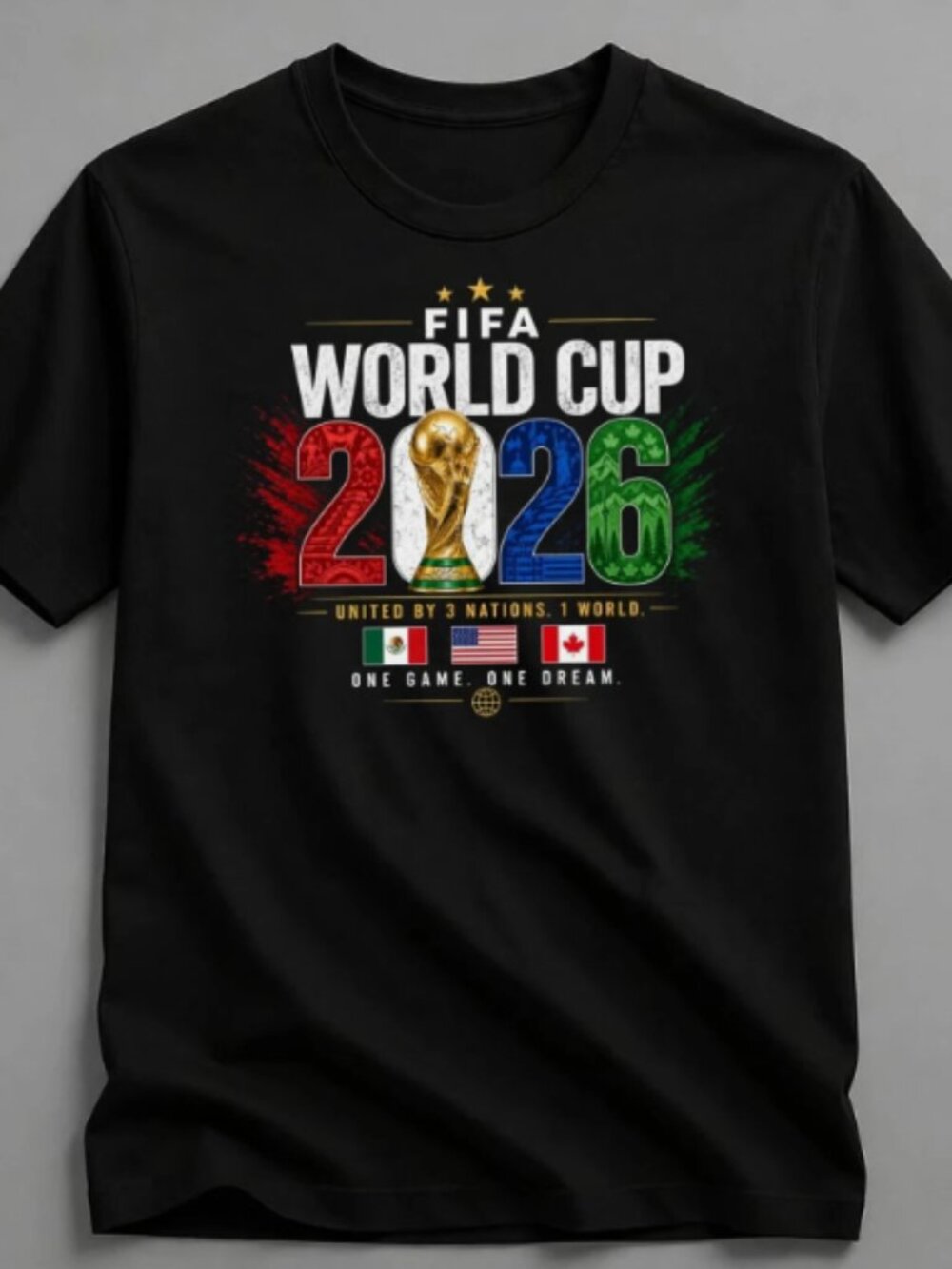 FIFA World Cup 2026 United By 3 Natitons Soccer Graphic Black T-Shirt